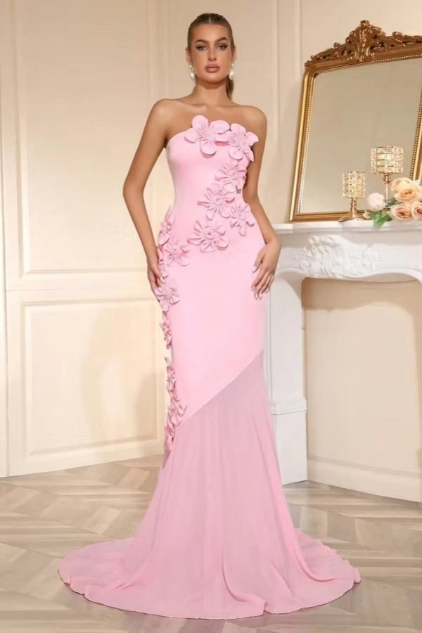 Blushing Pink Crepe and Chiffon Mermaid Strapless Zipper Back Floor Length Dress Front View - Jimiss