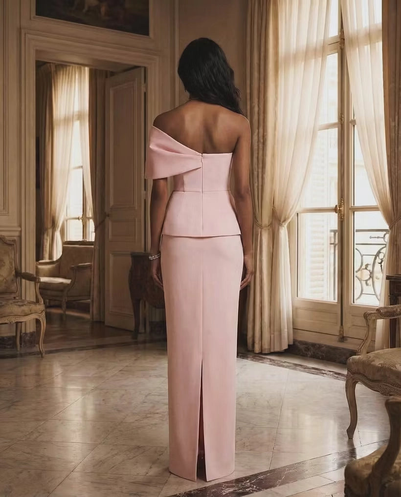 Blushing Pink Crepe Sheath Column One Shoulder Zipper Back Floor Length Dress Back View - Jimiss