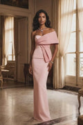Blushing Pink Crepe Sheath Column One Shoulder Zipper Back Floor Length Dress Front View - Jimiss