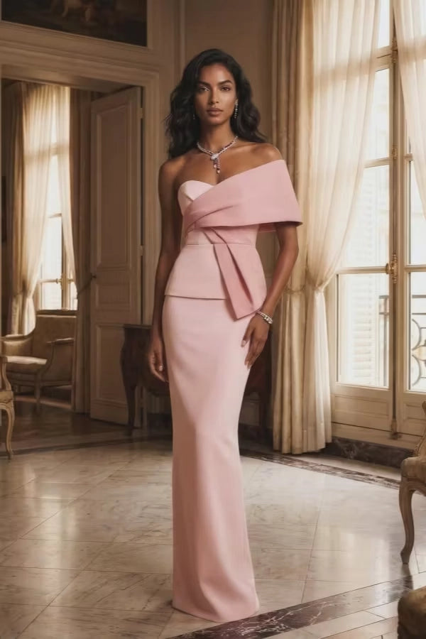 Blushing Pink Crepe Sheath Column One Shoulder Zipper Back Floor Length Dress Front View - Jimiss
