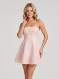 Blushing Pink Crepe with 3D Floral Mesh A-Line Strapless Mini Dress Front View - Jimiss