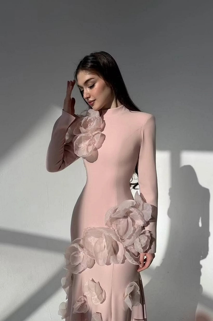 Blushing Pink Crepe with Organza 3D Flowers Mermaid Floor-Length Dress Detail - Jimiss