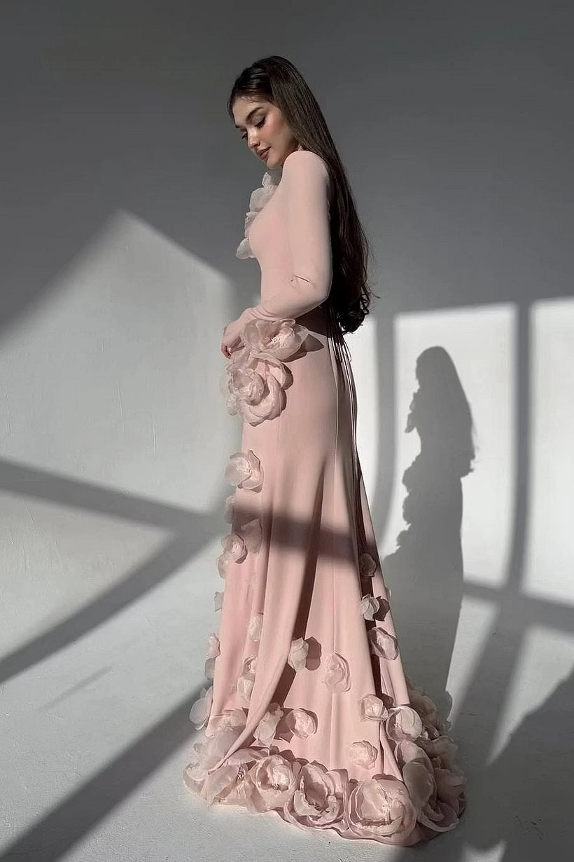 Blushing Pink Crepe with Organza 3D Flowers Mermaid Floor-Length Dress Detail - Jimiss