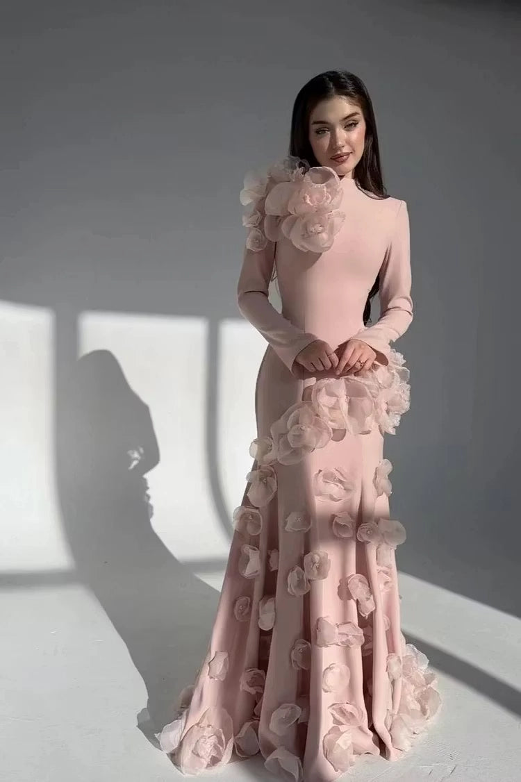 Blushing Pink Crepe with Organza 3D Flowers Mermaid Floor-Length Dress Front View - Jimiss
