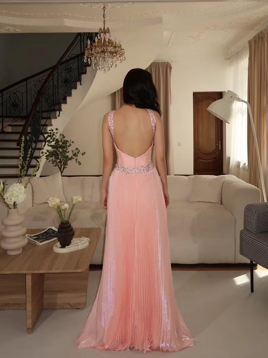 Blushing Pink Glitter Fabric A-Line Halter Open-Back Floor-Length Dress Back View - Jimiss