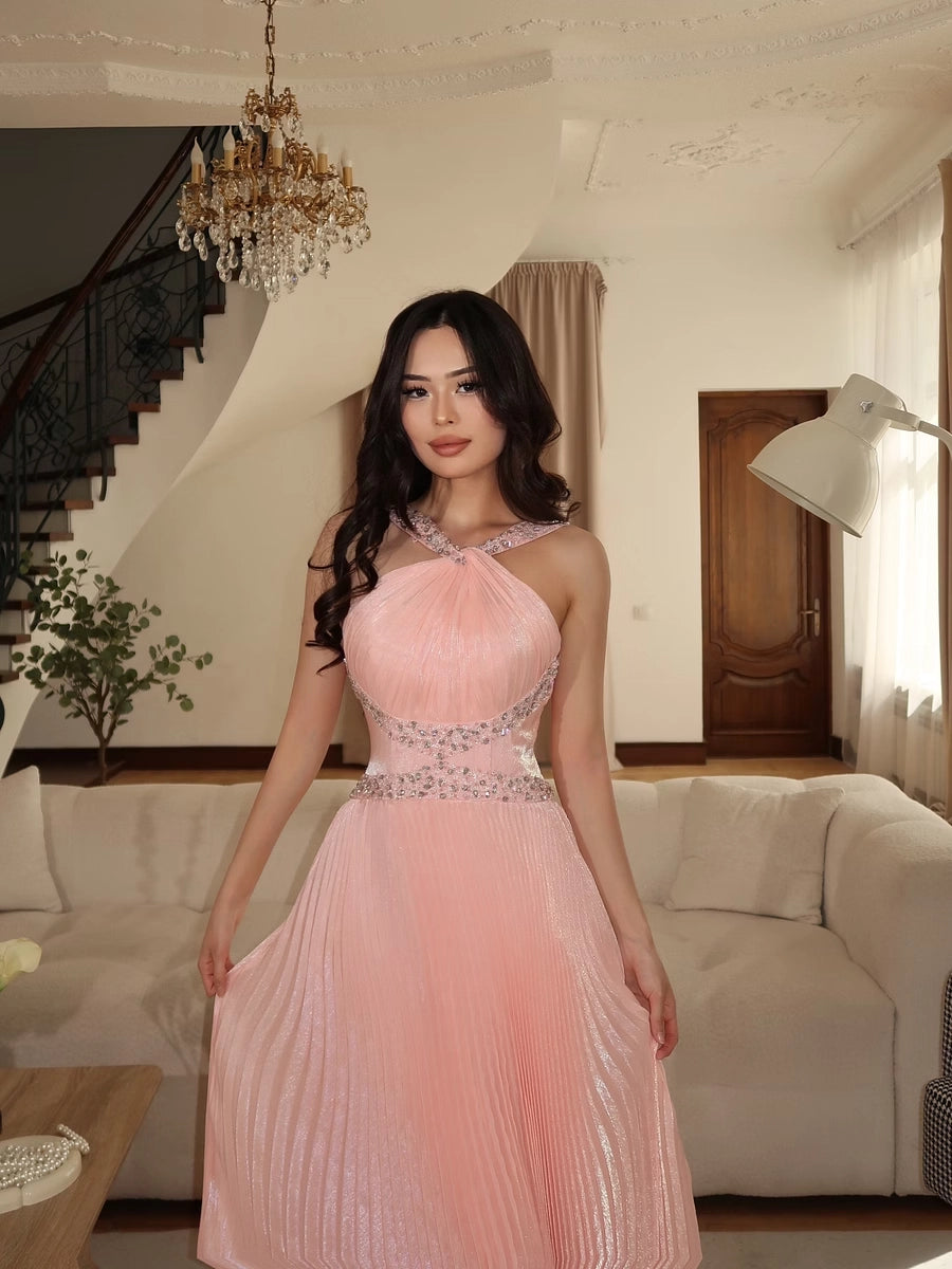 Blushing Pink Glitter Fabric A-Line Halter Open-Back Floor-Length Dress Detail - Jimiss