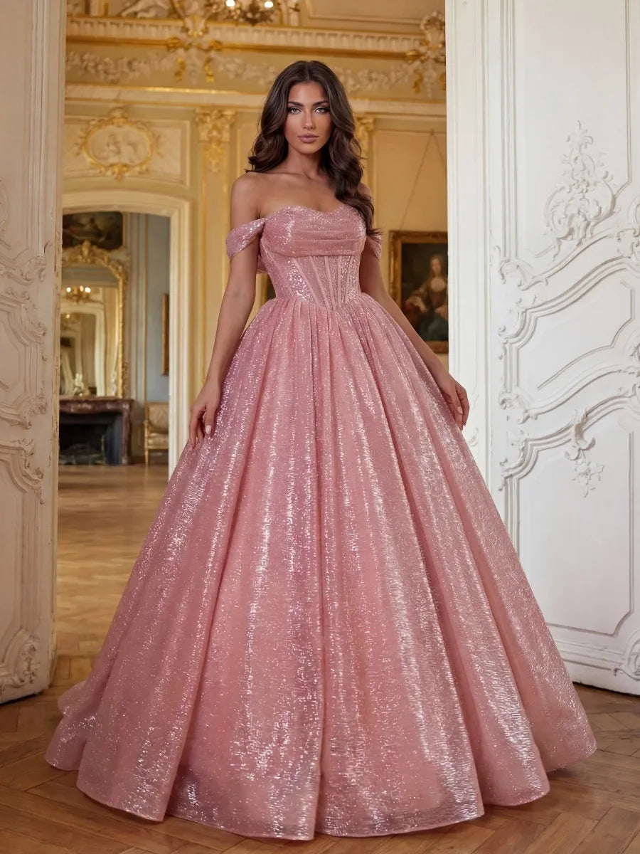 Blushing Pink Glitter Fabric Ball Gown Off The Shoulder Floor Length Dress - Jimiss
