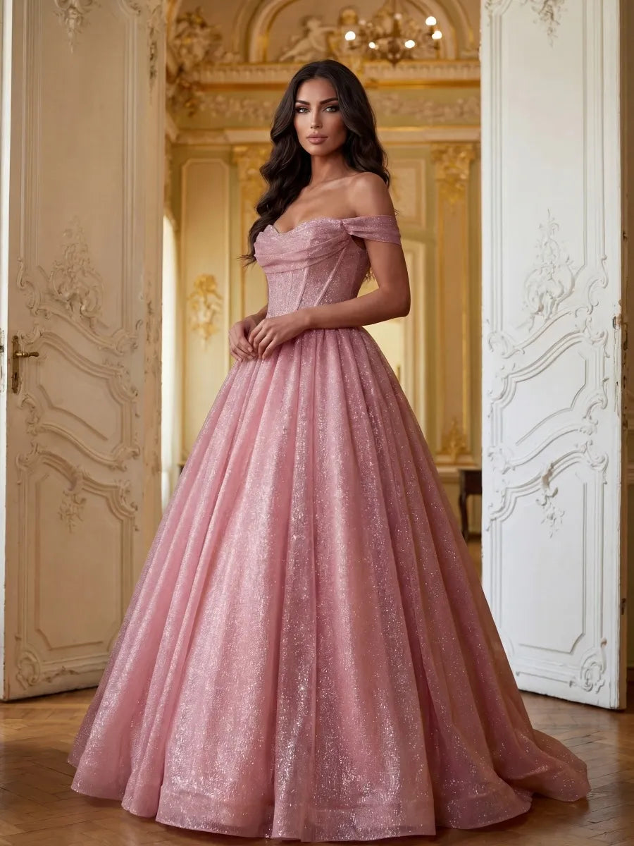 Blushing Pink Glitter Fabric Ball Gown Off The Shoulder Floor Length Dress - Jimiss