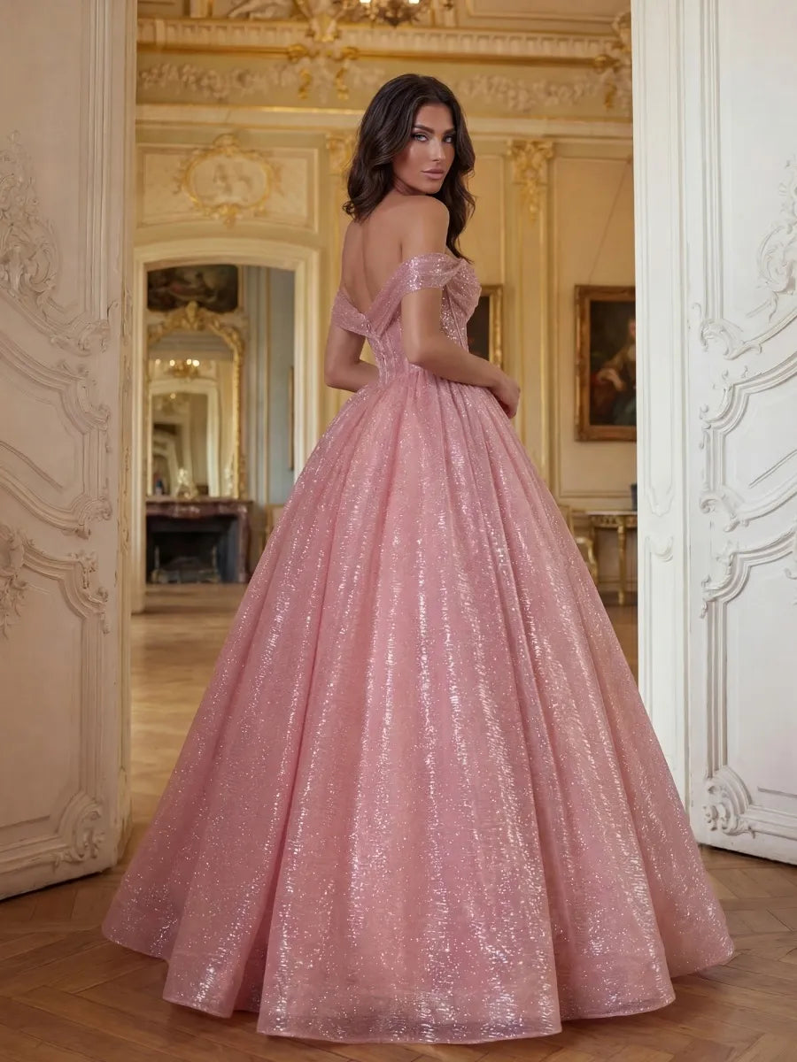 Blushing Pink Glitter Fabric Ball Gown Off The Shoulder Floor Length Dress - Jimiss
