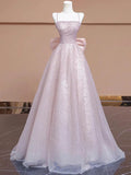 Blushing Pink Glitter Tulle A-Line Straight Neck Lace-up Floor-Length Dress - Jimiss