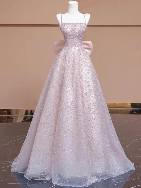 Blushing Pink Glitter Tulle A-Line Straight Neck Lace-up Floor-Length Dress - Jimiss