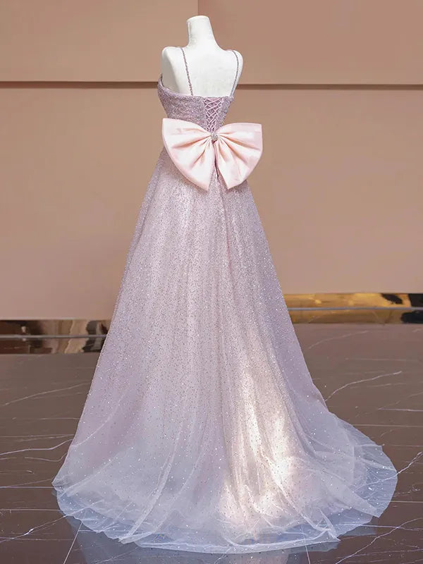 Blushing Pink Glitter Tulle A-Line Straight Neck Lace-up Floor-Length Dress - Jimiss