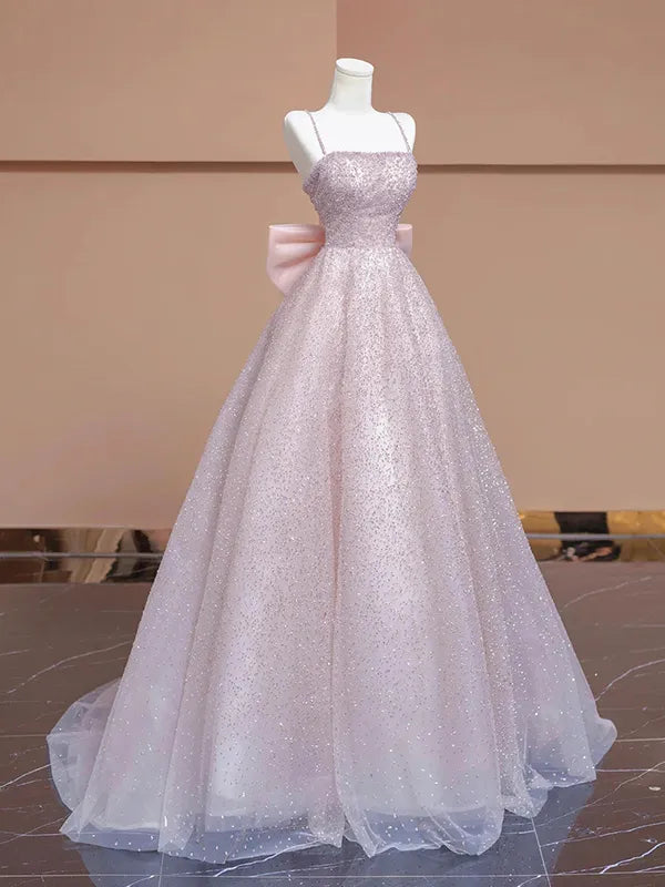 Blushing Pink Glitter Tulle A-Line Straight Neck Lace-up Floor-Length Dress - Jimiss