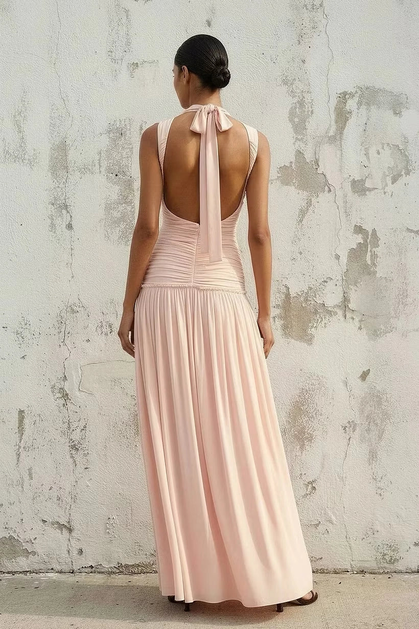 Blushing Pink Jersey A-Line High Neck Open Back Floor-Length Dress Back View - Jimiss