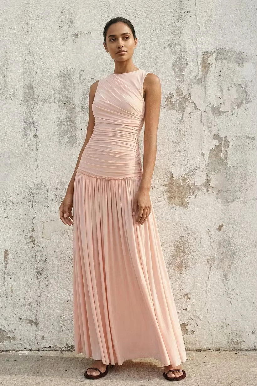 Blushing Pink Jersey A-Line High Neck Open Back Floor-Length Dress Front View - Jimiss