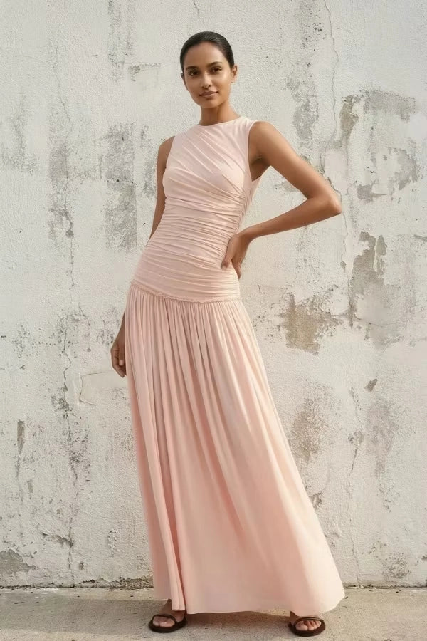 Blushing Pink Jersey A-Line High Neck Open Back Floor-Length Dress Front View - Jimiss