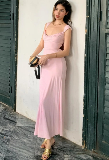 Blushing Pink Jersey Sheath Column Cowl Neck Lace Up Back Floor Length Dress - Jimiss