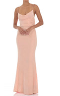 Blushing Pink Jersey Sheath Column Cowl Neck Low Cowl Back Floor Length Dress Front View - Jimiss