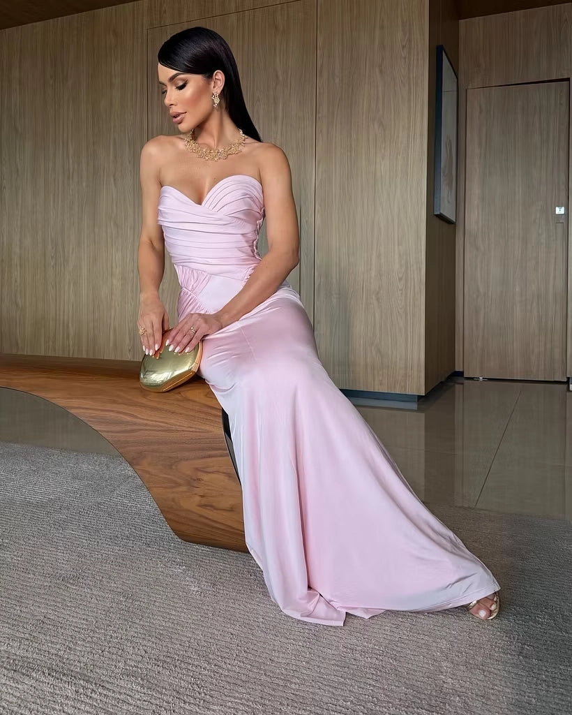 Blushing Pink Jersey Sheath Sweetheart Zipper Back Floor Length Dress Detail - Jimiss