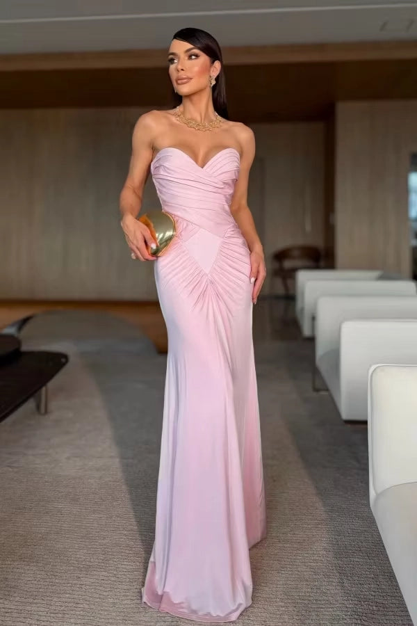 Blushing Pink Jersey Sheath Sweetheart Zipper Back Floor Length Dress Front View - Jimiss