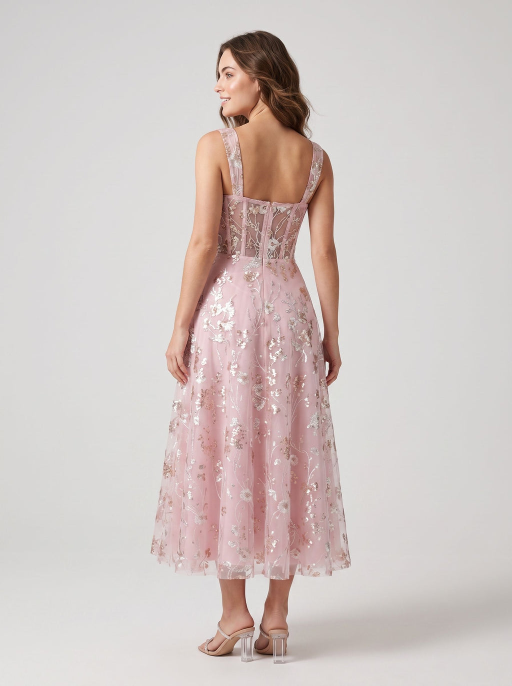 Blushing Pink Mesh A-line Square Neck Zipper Back Tea-Length Dress Back View - Jimiss