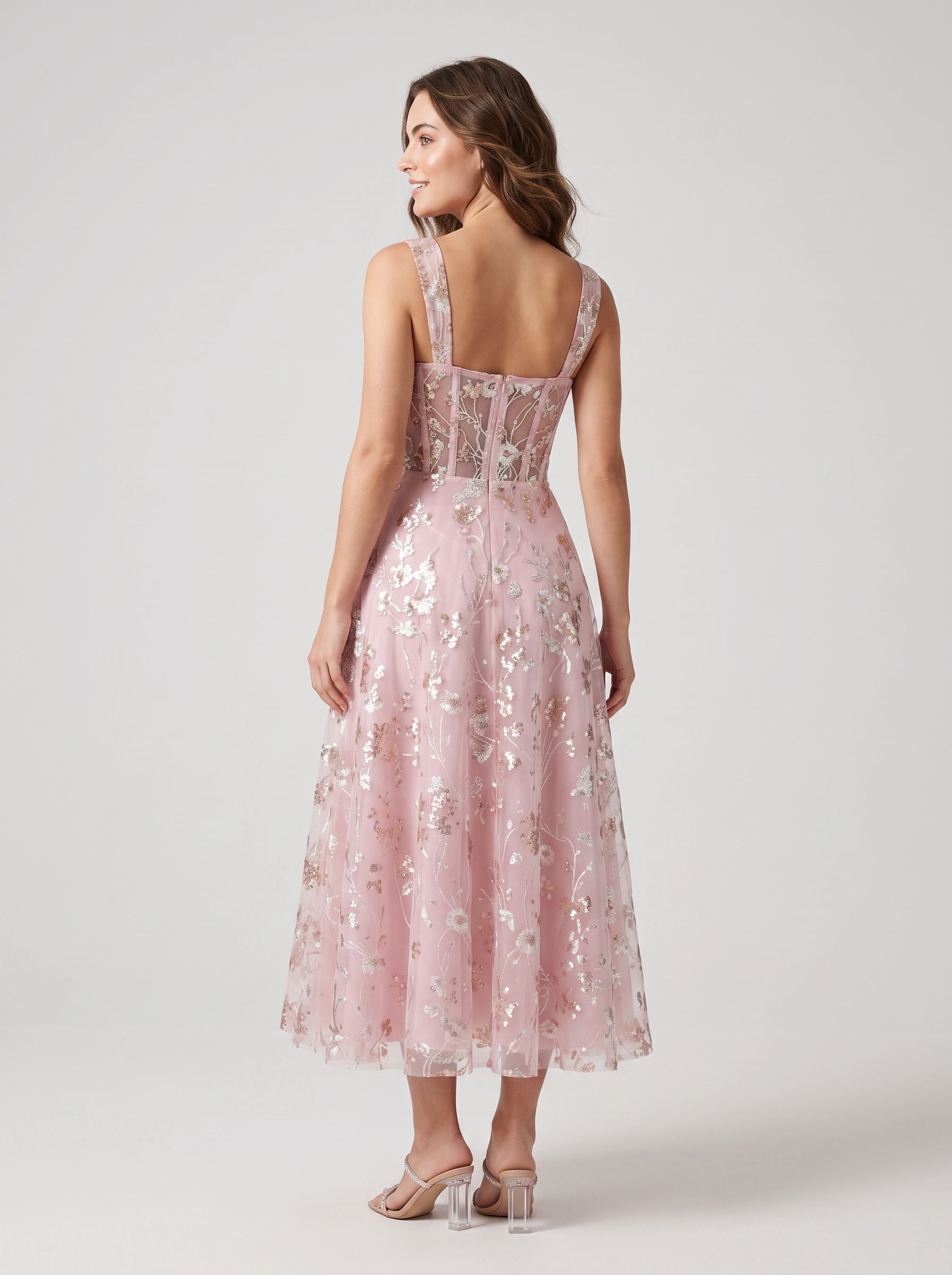 Blushing Pink Mesh A-line Square Neck Zipper Back Tea-Length Dress Back View - Jimiss