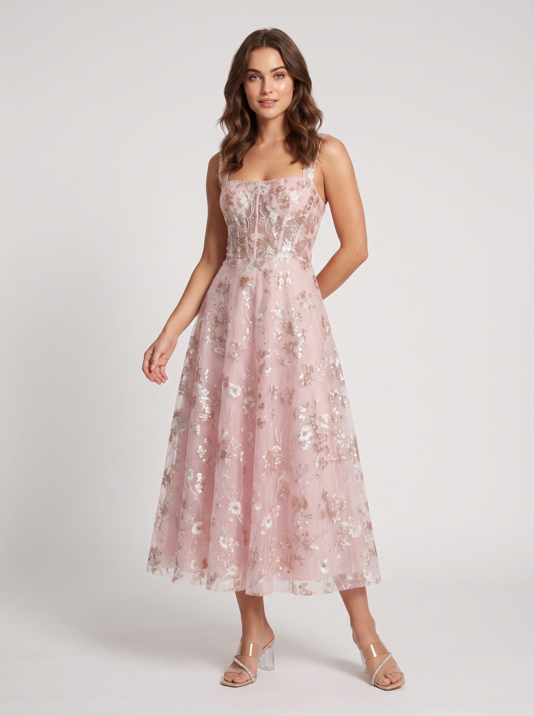 Blushing Pink Mesh A-line Square Neck Zipper Back Tea-Length Dress Front View - Jimiss