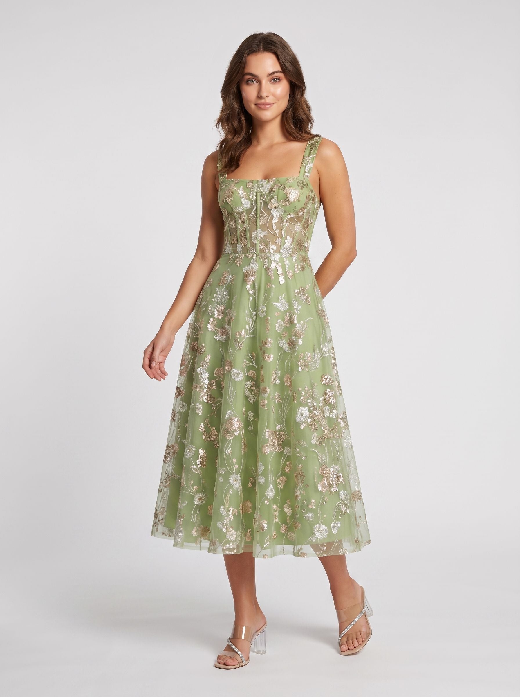 Blushing Pink Mesh A-line Square Neck Zipper Back Tea-Length Dress - Jimiss