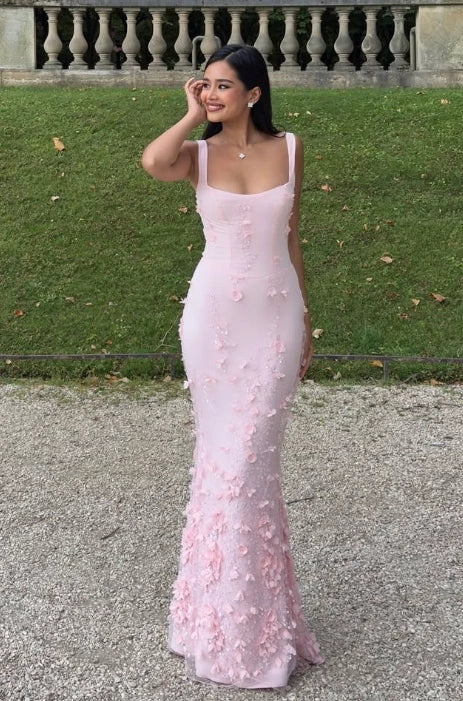 Blushing Pink Mesh Mermaid Square Neck Lace-up Corset Back Floor Length Dress - Jimiss