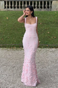Blushing Pink Mesh Mermaid Square Neck Lace-up Corset Back Floor Length Dress - Jimiss