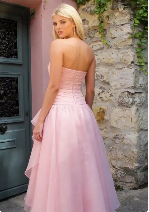 Blushing Pink Organza A Line Straight Across Zipper Back Floor Length Dress Back View - Jimiss