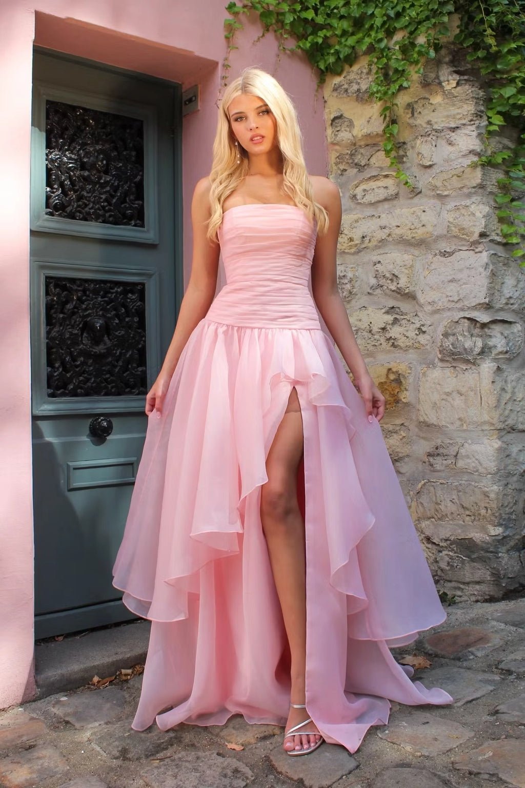 Blushing Pink Organza A Line Straight Across Zipper Back Floor Length Dress Front View - Jimiss