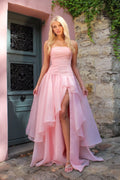 Blushing Pink Organza A Line Straight Across Zipper Back Floor Length Dress Front View - Jimiss