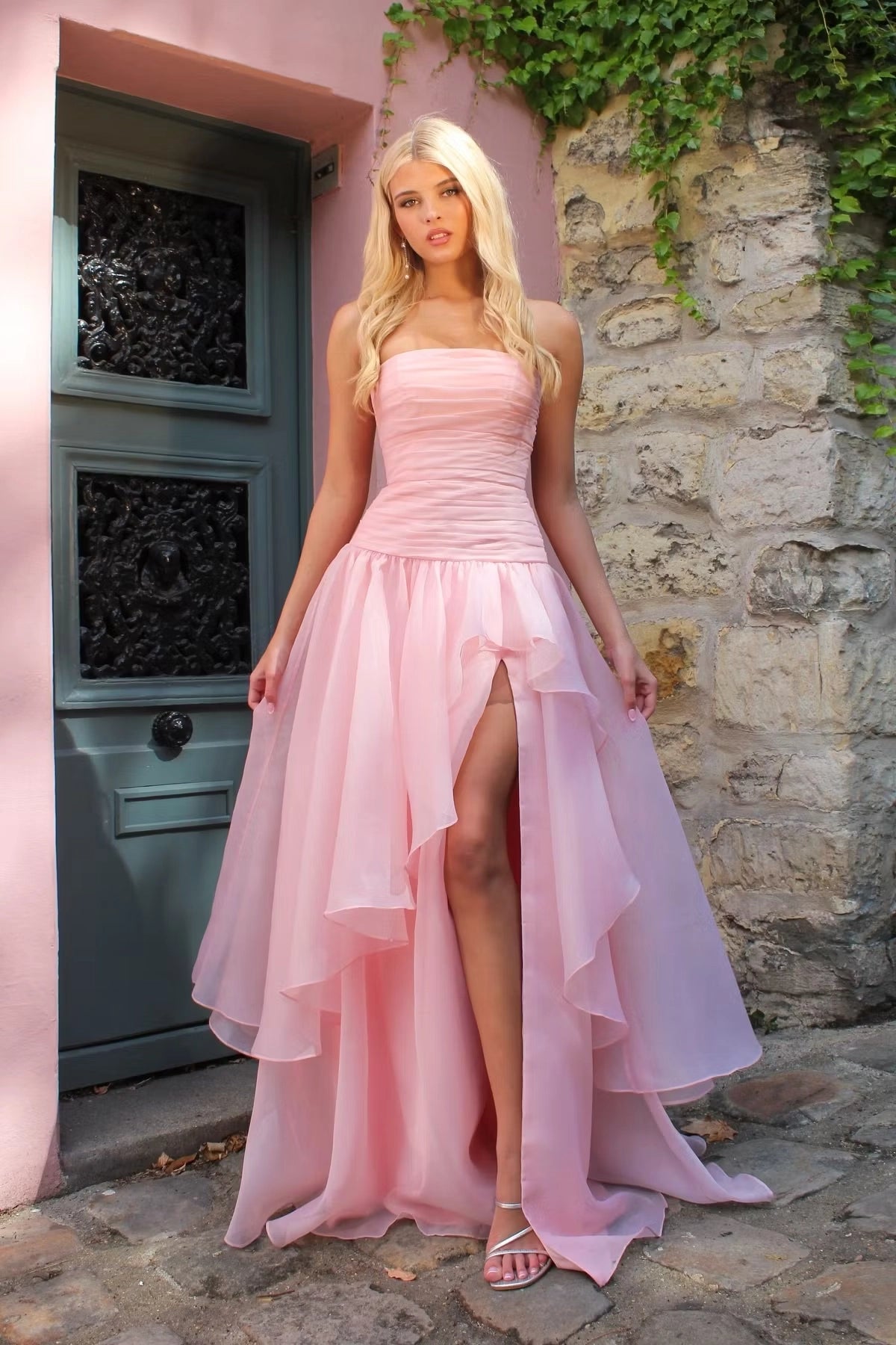 Blushing Pink Organza A Line Straight Across Zipper Back Floor Length Dress Front View - Jimiss