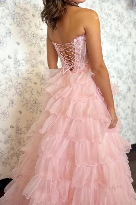 Blushing Pink Organza and Lace A-Line Sweetheart Lace-up Back Floor-Length Dress Back View - Jimiss