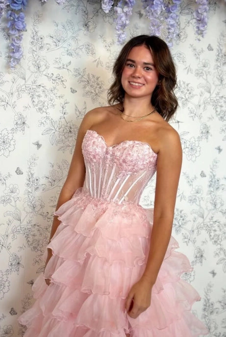 Blushing Pink Organza and Lace A-Line Sweetheart Lace-up Back Floor-Length Dress Detail - Jimiss