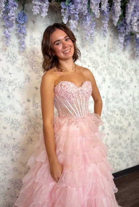 Blushing Pink Organza and Lace A-Line Sweetheart Lace-up Back Floor-Length Dress Detail - Jimiss