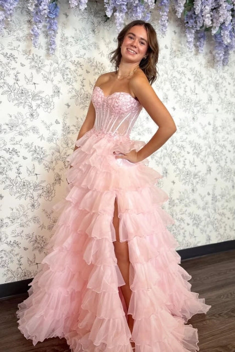 Blushing Pink Organza and Lace A-Line Sweetheart Lace-up Back Floor-Length Dress Front View - Jimiss