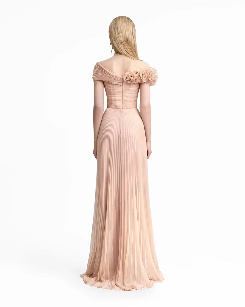 Blushing Pink Pleated Chiffon A-Line Off-the-Shoulder Floor-Length Dress Back View - Jimiss