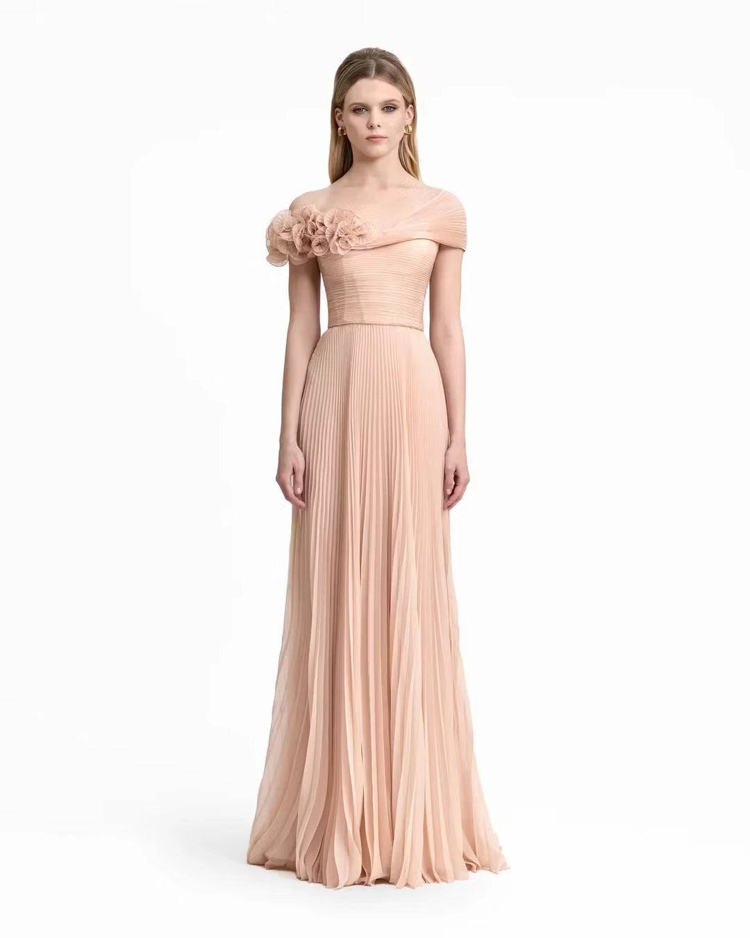 Blushing Pink Pleated Chiffon A-Line Off-the-Shoulder Floor-Length Dress Front View - Jimiss