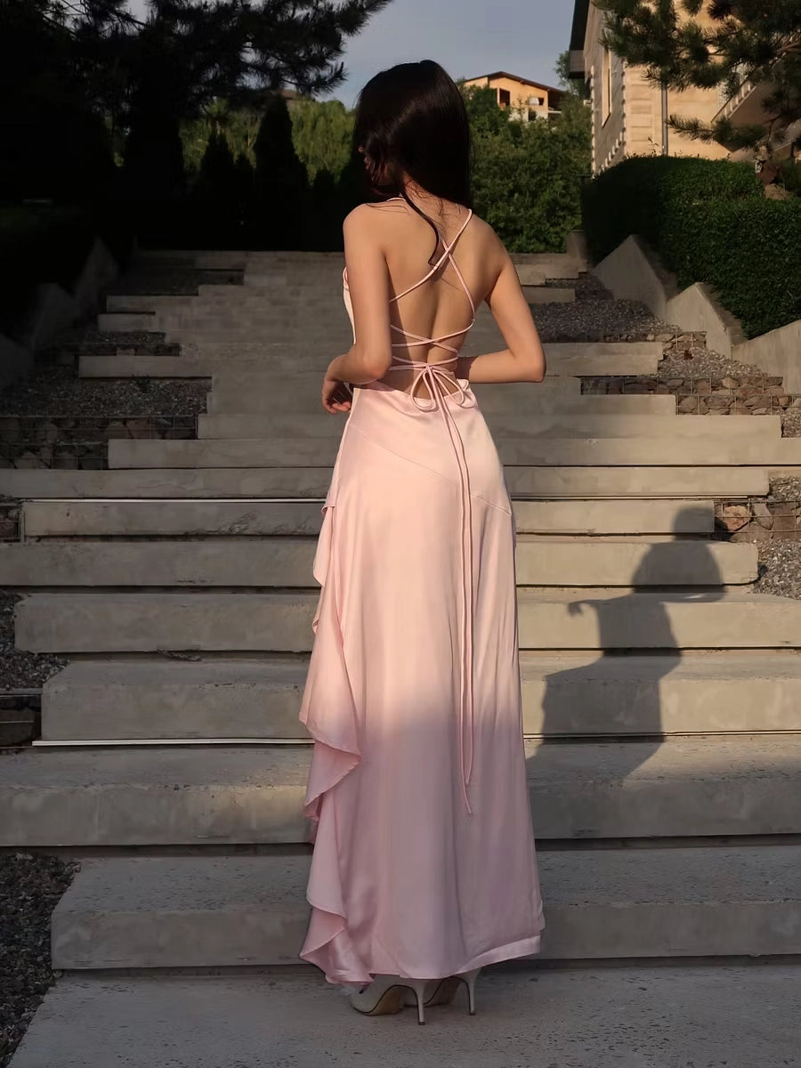 Blushing Pink Satin A Line Cowl Neck Criss Cross Back High Low Dress Back View - Jimiss