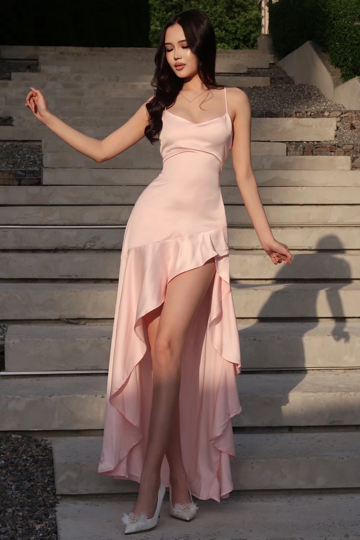 Blushing Pink Satin A Line Cowl Neck Criss Cross Back High Low Dress Front View - Jimiss