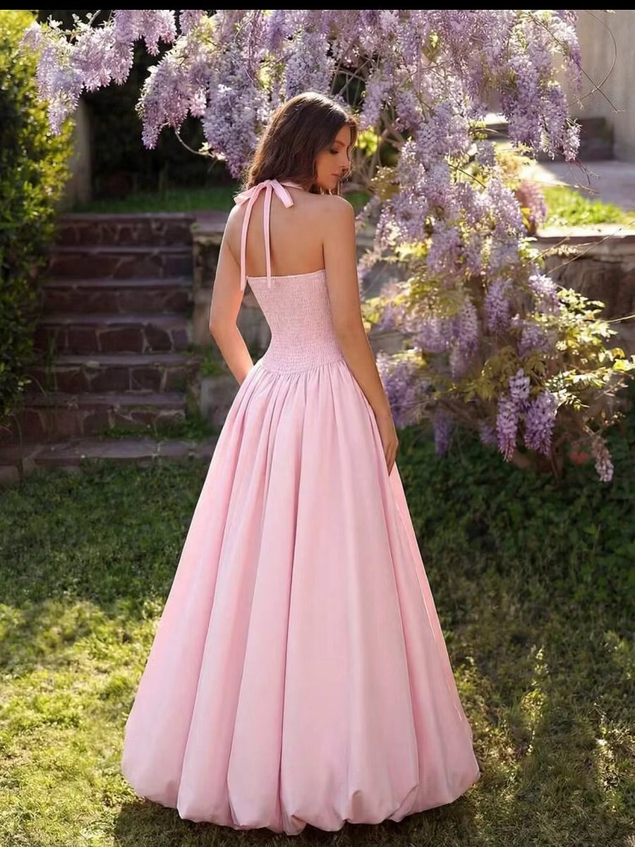 Blushing Pink Satin A-Line Halter Tie Back Floor-Length Dress Back View - Jimiss