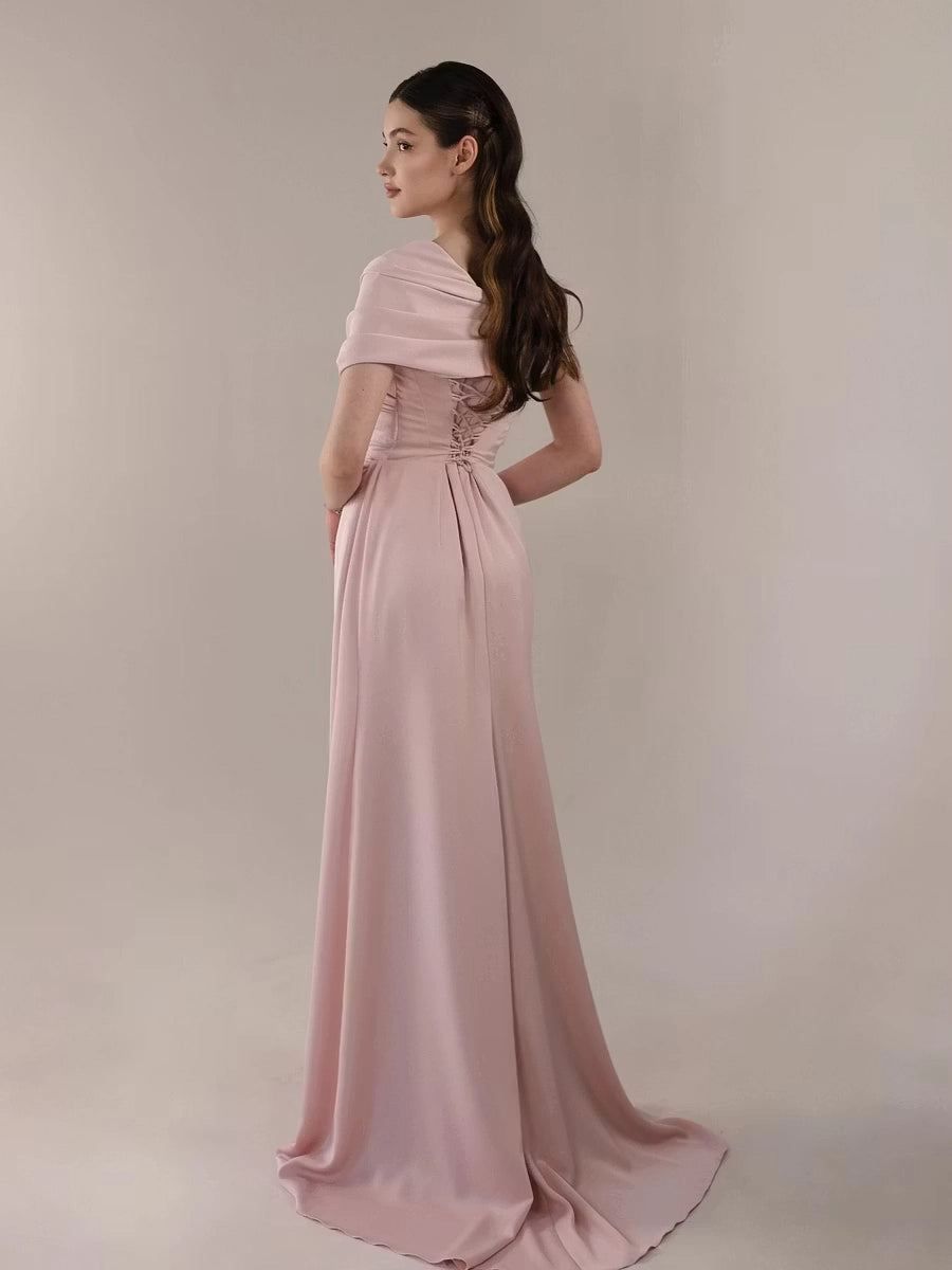 Blushing Pink Satin A-Line Off-the-Shoulder Lace-up Floor-Length Dress Back View - Jimiss