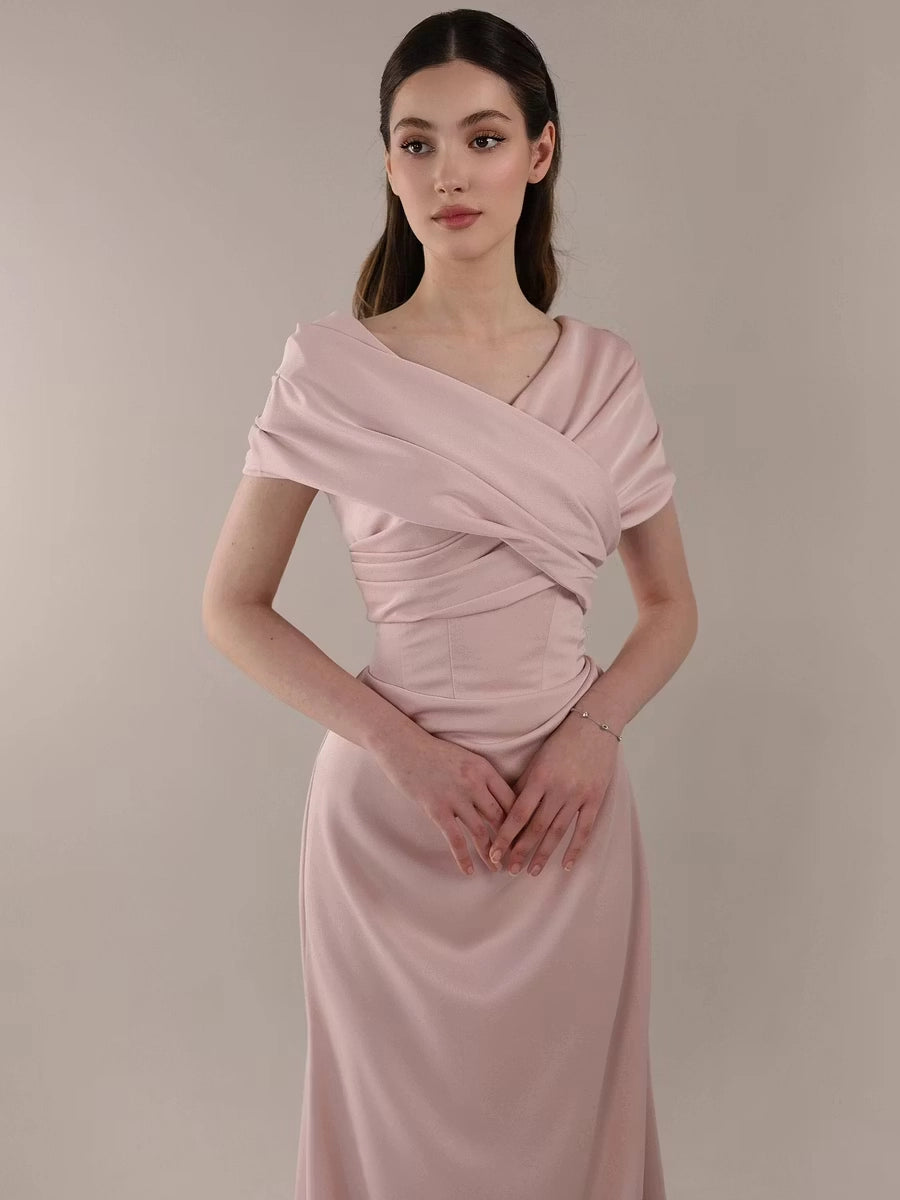 Blushing Pink Satin A-Line Off-the-Shoulder Lace-up Floor-Length Dress Detail - Jimiss