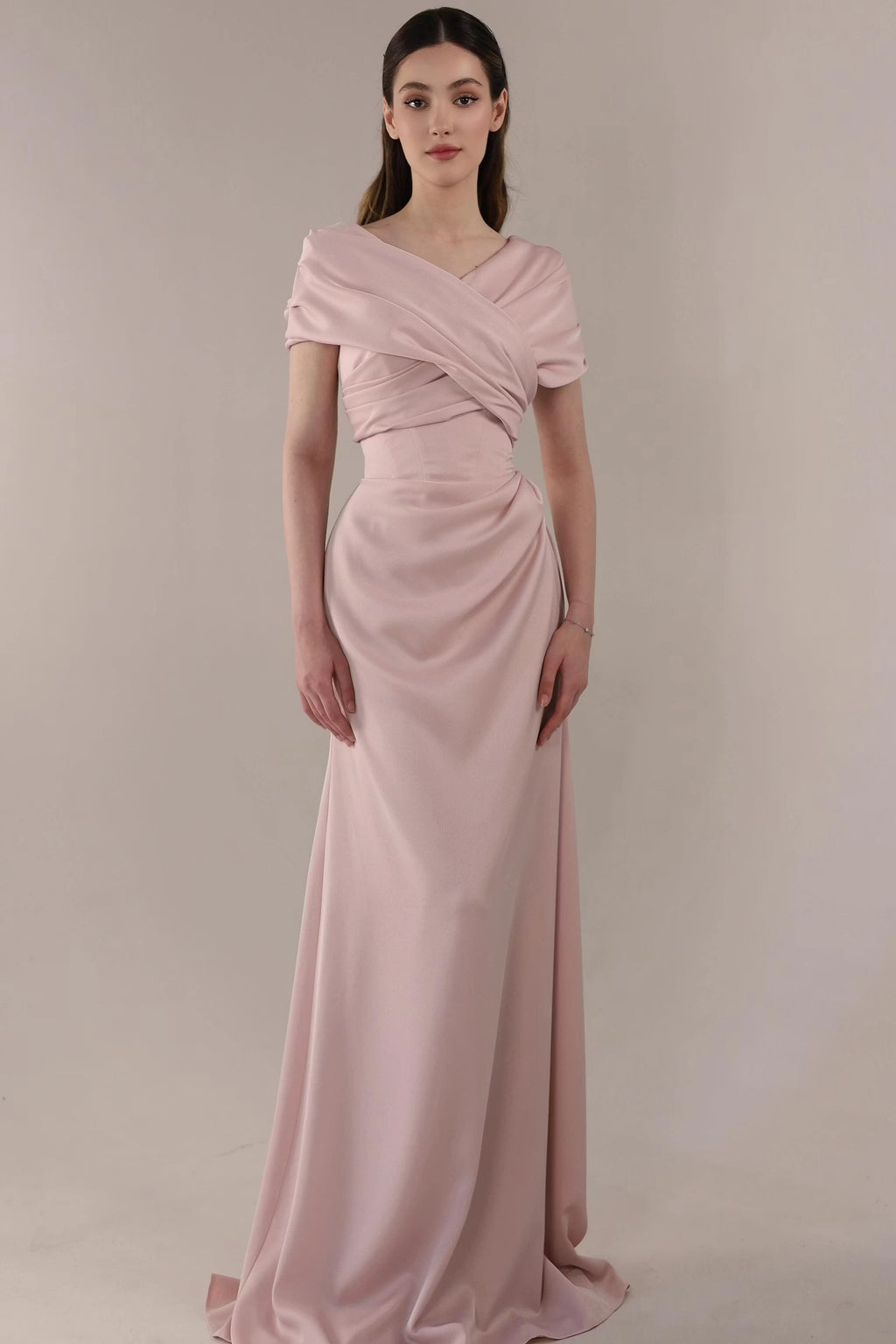 Blushing Pink Satin A-Line Off-the-Shoulder Lace-up Floor-Length Dress Front View - Jimiss