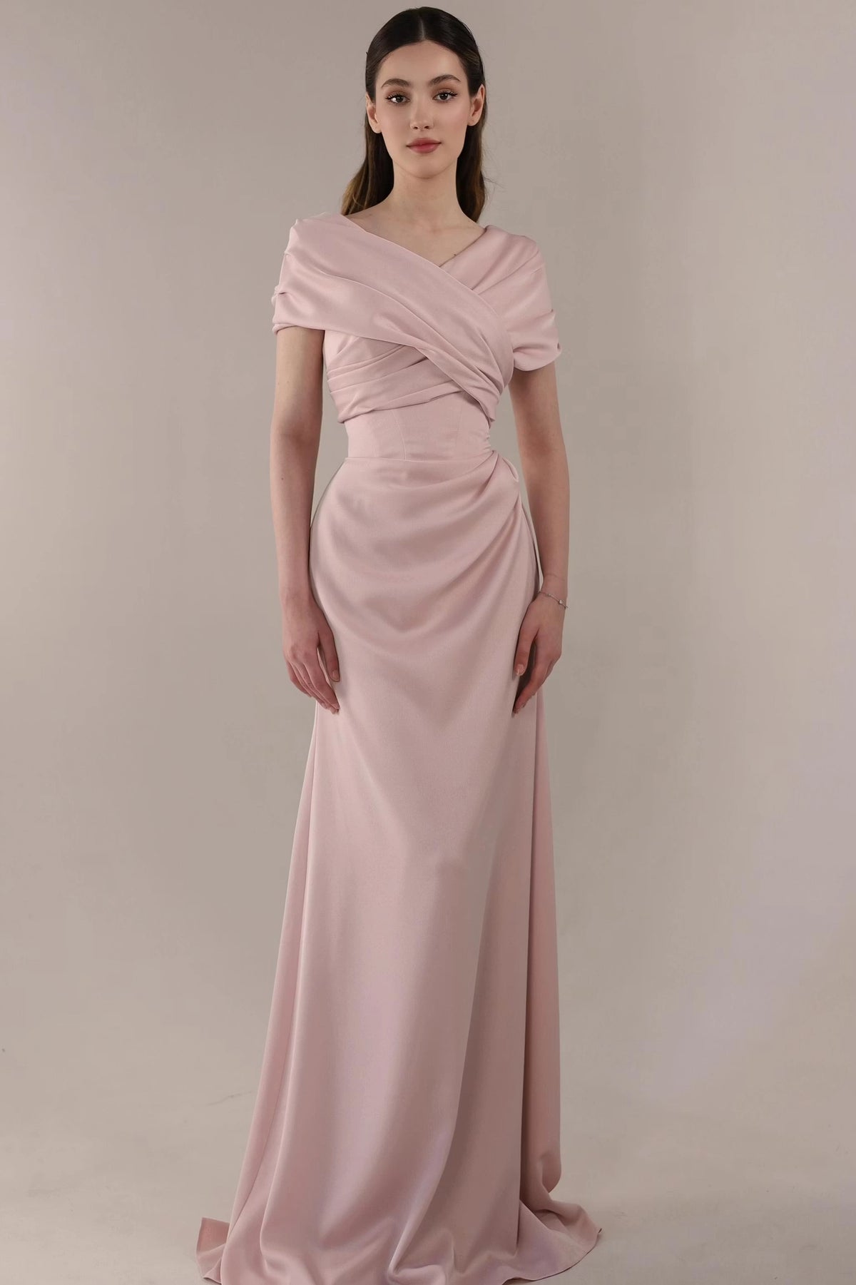 Blushing Pink Satin A-Line Off-the-Shoulder Lace-up Floor-Length Dress Front View - Jimiss