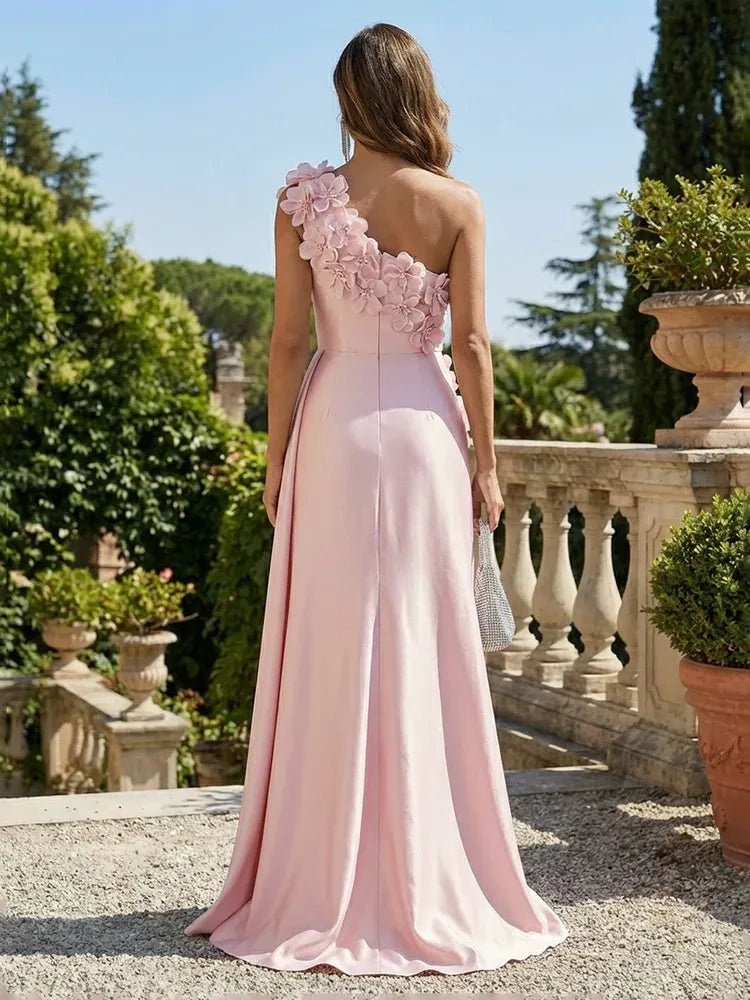 Blushing Pink Satin A-Line One Shoulder Zipper Back Floor Length Dress Back View - Jimiss