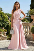 Blushing Pink Satin A-Line One Shoulder Zipper Back Floor Length Dress Front View - Jimiss