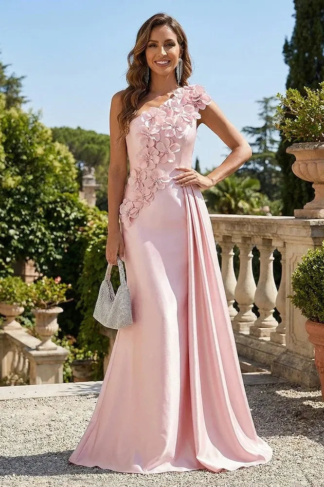 Blushing Pink Satin A-Line One Shoulder Zipper Back Floor Length Dress Front View - Jimiss